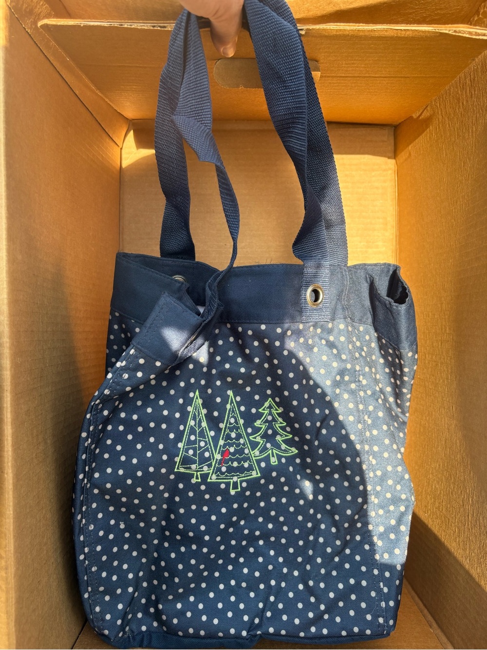 Thirty-one Navy Polka Dot Canvas Tote with embroidered Tree Motif